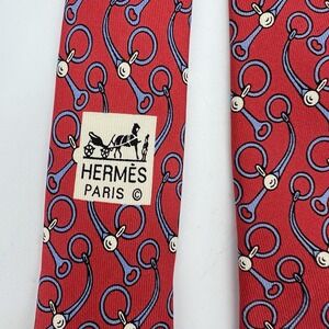 Men's Hermès HERMES Paris‎ 100% Silk Red Equestrian Print Tie